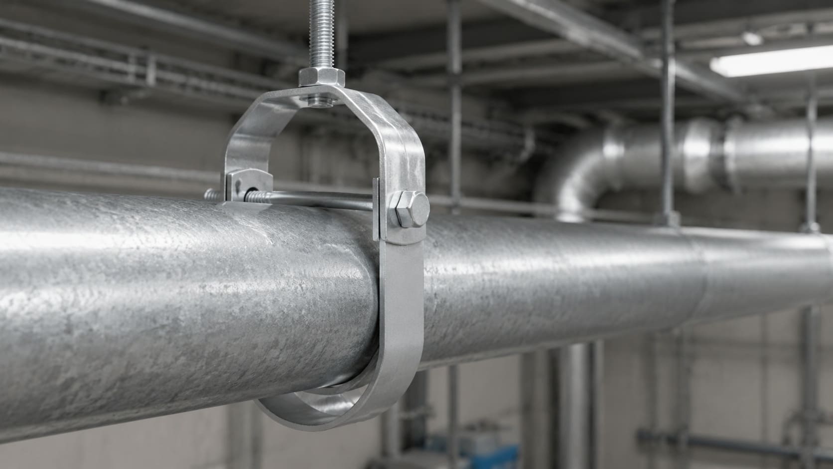 Zinc-plated clevis hanger supporting an industrial pipe